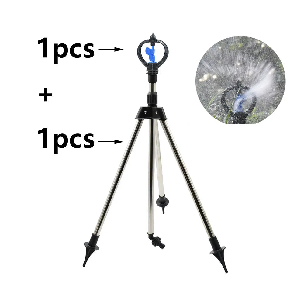Automatic rotating sprinkler with metal support for garden irrigation, mounted on tripod bracket, watering and irrigation tool.