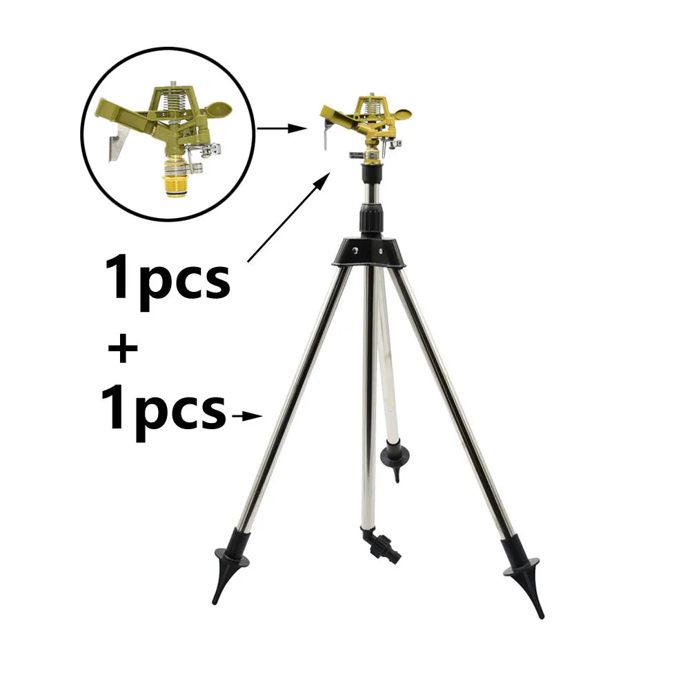 Automatic rotating sprinkler with metal support, garden irrigation tool, tripod bracket, watering system for yard irrigation.