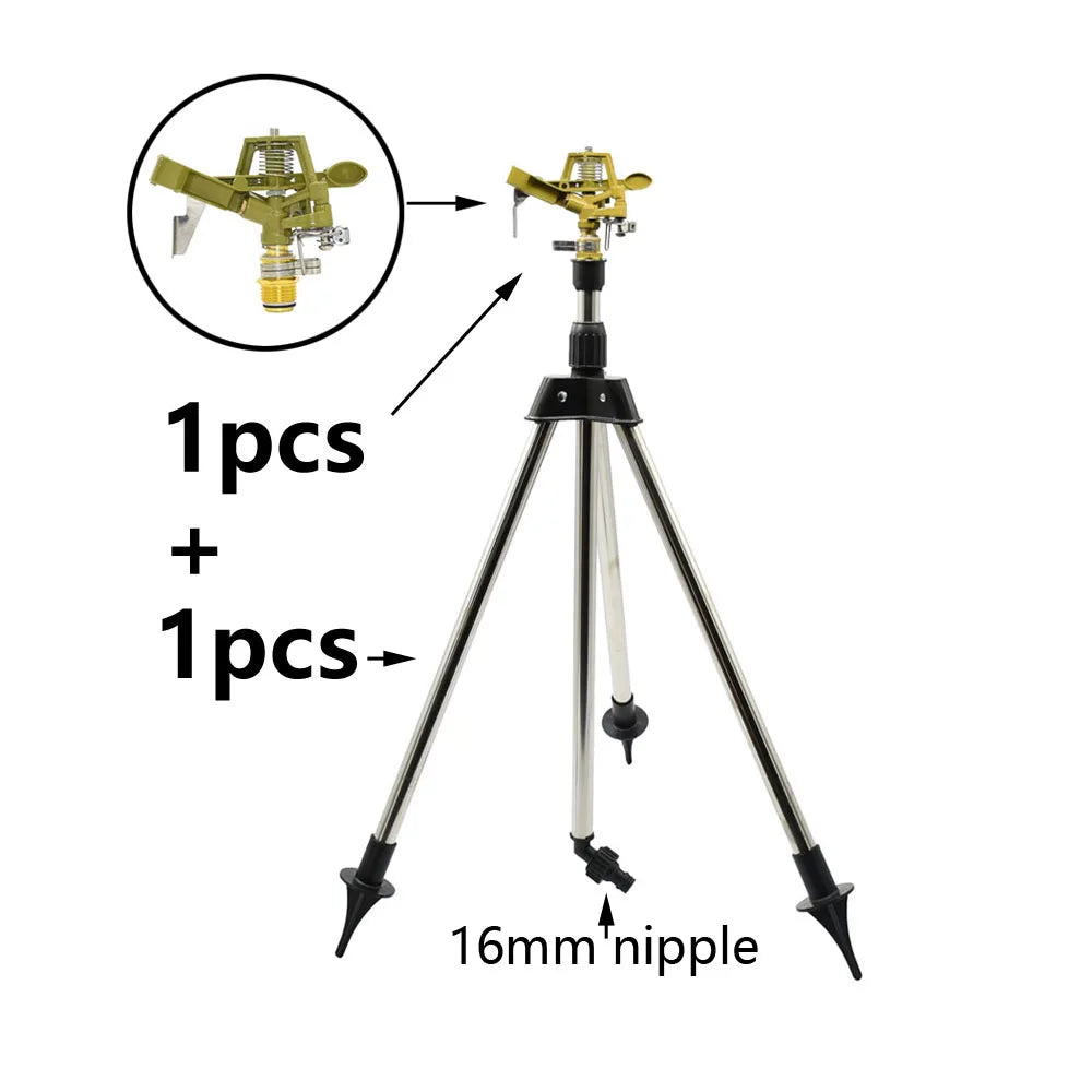 Automatic rotating sprinkler with metal support for garden irrigation, watering tripod bracket, durable irrigation tool for lawns.