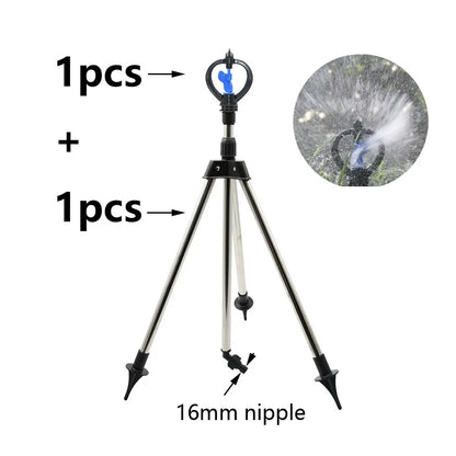 Automatic rotating sprinkler with metal support for garden irrigation, watering tripod bracket, BackupMyFilesNow.com irrigation tool.