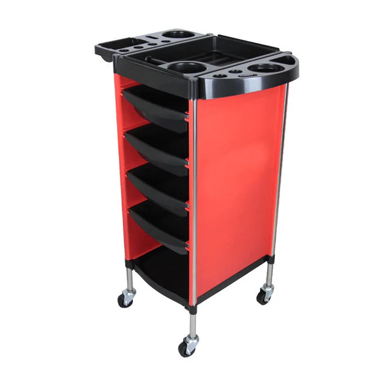 Black stainless steel hairdressing trolley with six layers and large capacity, used for salon perm and dyeing tools.