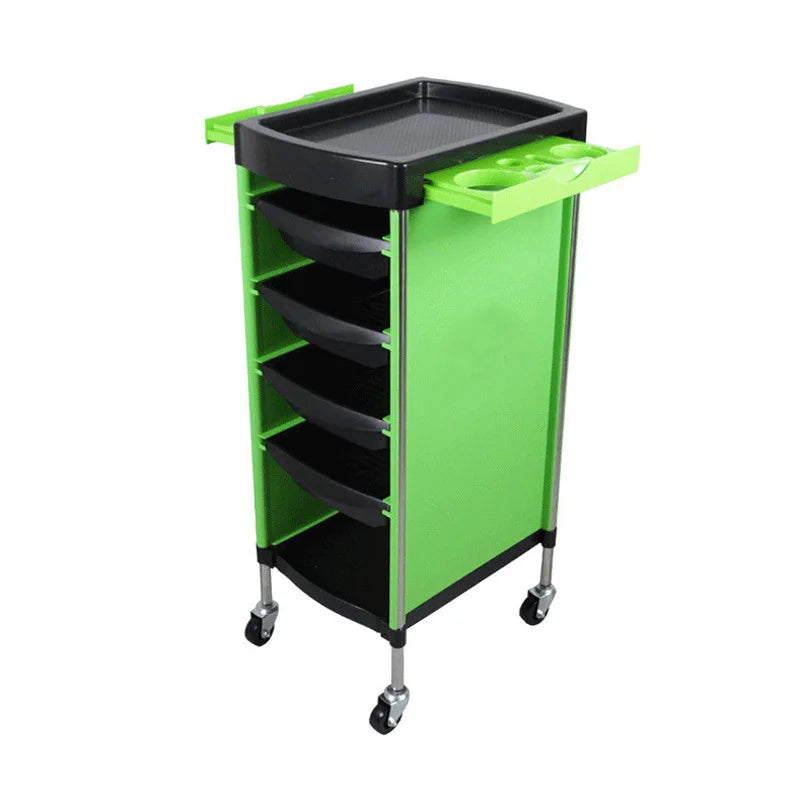 Black stainless steel hairdressing trolley with six layers for salon perm and dyeing tools, large storage capacity, used in barber shops.