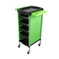 Black stainless steel hairdressing trolley with six layers for salon perm and dyeing tools, large storage capacity, used in barber shops.