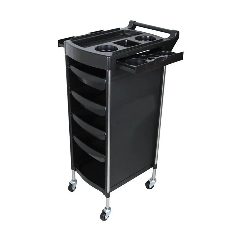 Black stainless steel hairdressing trolley with six layers, large capacity for salon perm and dyeing tools, designed for barber shops.