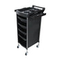 Black stainless steel hairdressing trolley with six layers, large capacity for salon perm and dyeing tools, designed for barber shops.