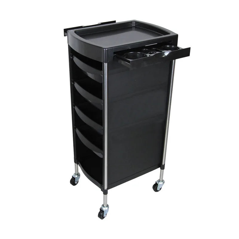 Black hairdressing trolley with six stainless steel shelves for salon perm, dyeing tools, and large-capacity storage.