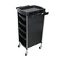 Black hairdressing trolley with six stainless steel shelves for salon perm, dyeing tools, and large-capacity storage.