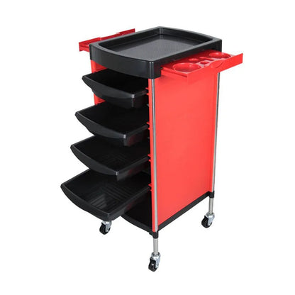 Black stainless steel hairdressing trolley with six layers of large-capacity storage for salon perm and dyeing tools.