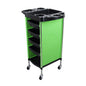 Black stainless steel hairdressing trolley with six layered storage for salon perm and dyeing tools, suitable for barber shops.