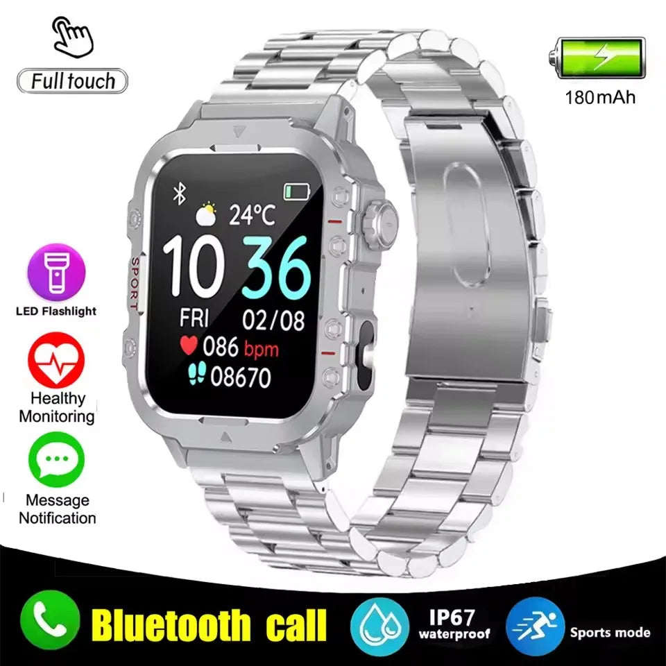 Silver steel 2024 Android smart watch with 1.44-inch color screen, Bluetooth call, blood oxygen, and pressure monitoring for men and women.