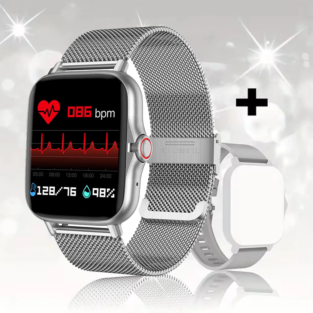 Silver steel 2024 Android smart watch with 1.44-inch color screen, Bluetooth call, blood oxygen, and pressure monitoring for men and women.