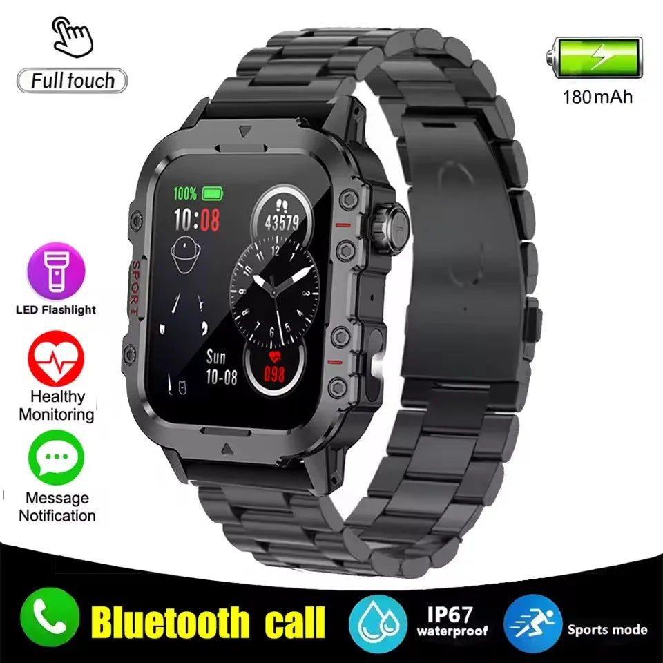 Silver steel 2024 BackupMyFilesNow Android smart watch with 1.44-inch color screen, Bluetooth calls, blood oxygen and pressure monitoring.