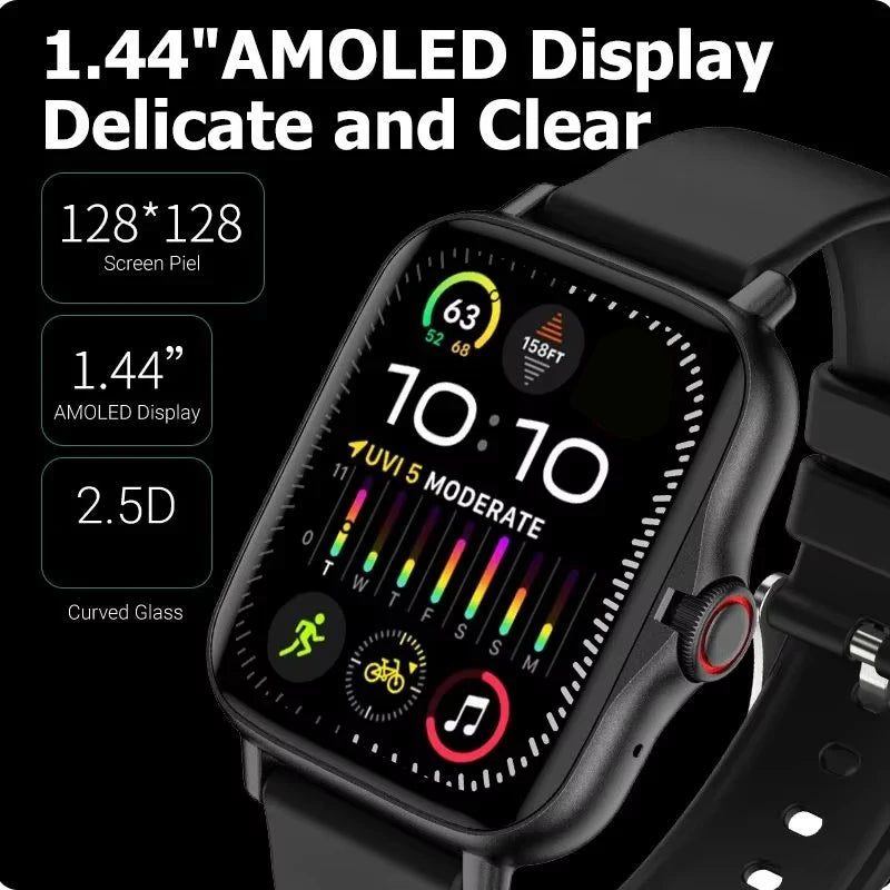 Silver steel 2024 smart watch with 1.44-inch color screen, Bluetooth call, blood oxygen and pressure monitoring for men and women.