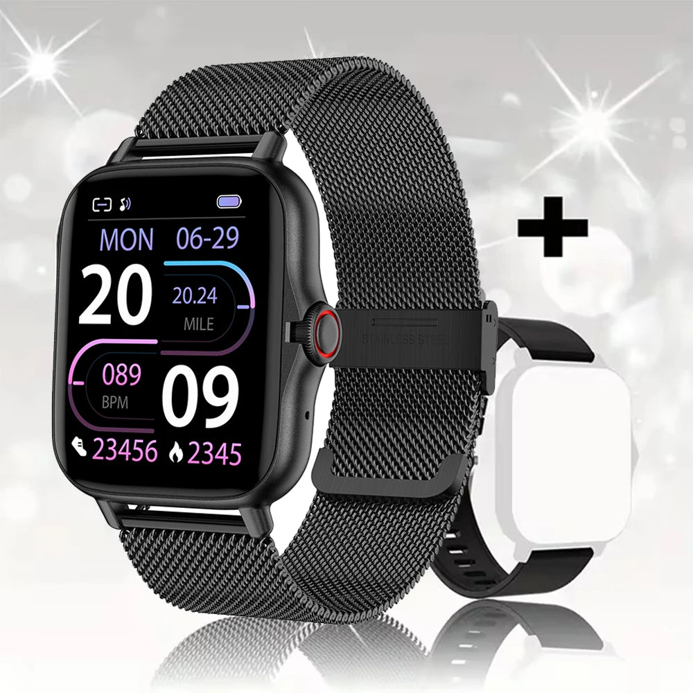 Silver steel 2024 smart watch with 1.44-inch color screen, Bluetooth call, blood oxygen, and pressure monitoring for women and men.