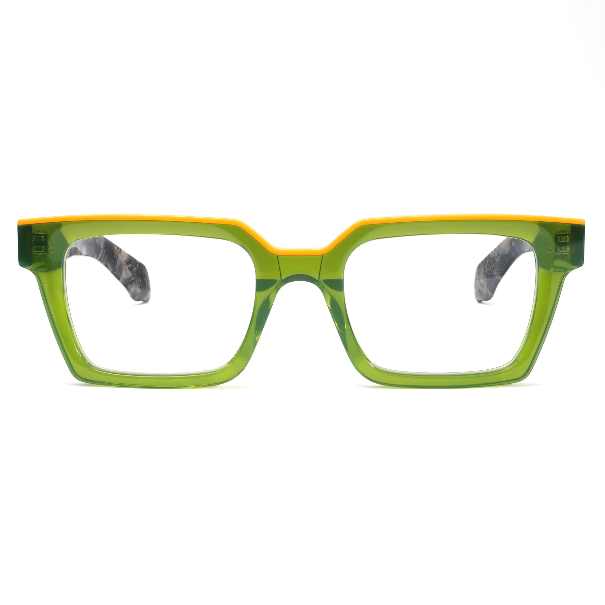 Oversized acetate glasses with thick frame, wide top, clear lenses, suitable for women and men, trendy prescription-ready eyewear.