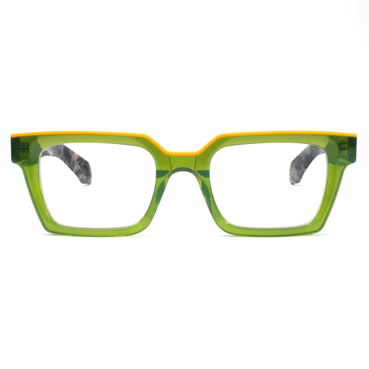 Oversized acetate glasses with thick frame, wide top, clear lenses, suitable for women and men, trendy prescription-ready eyewear.