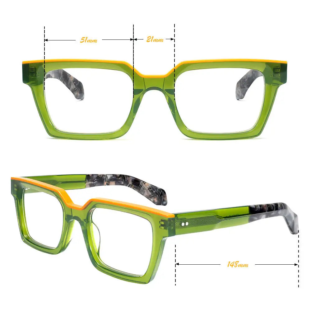Oversized acetate glasses with thick frame, wide top, clear prescription-ready lenses for women and men in trendy style
