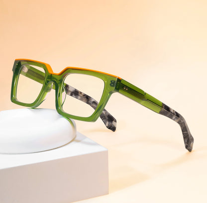 Oversized acetate glasses for women and men with thick frames, wide top, clear lenses, trendy prescription-ready style.