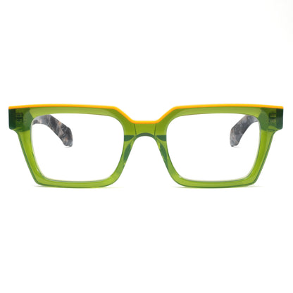 Trendy oversized glasses for women and men with thick acetate frames, wide top, clear lenses, prescription-ready, stylish design.