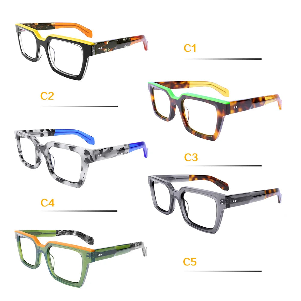 Oversized acetate glasses for women and men with thick frames, wide top, clear lenses, prescription-ready, trendy style.
