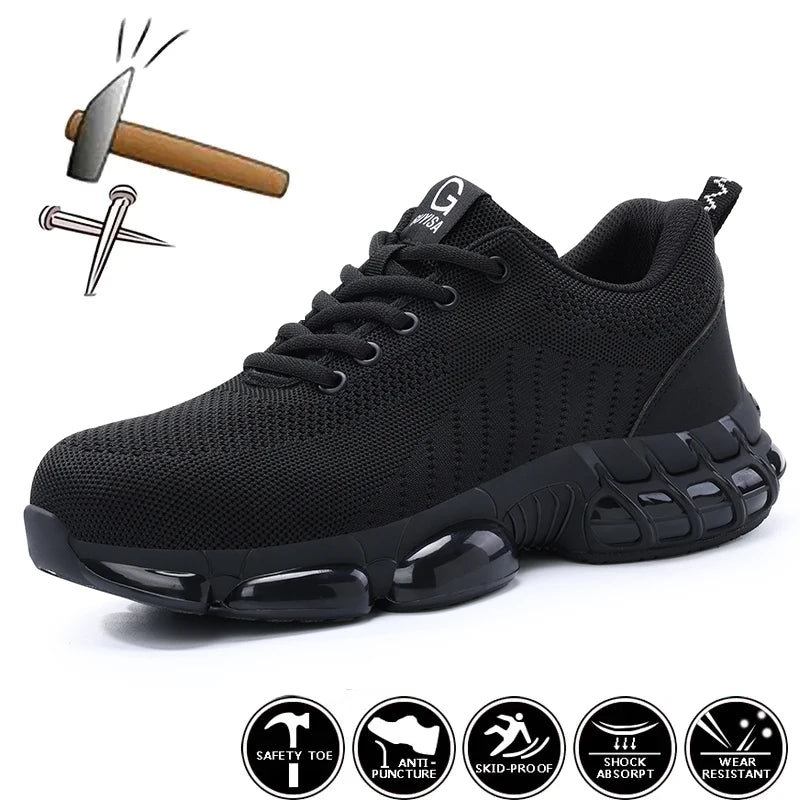 Black steel toe work shoes for men with air-cushioned soles, lightweight construction, and industrial safety features.
