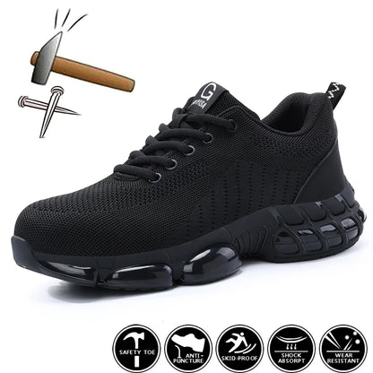 Black steel toe work shoes for men with air-cushioned soles, lightweight construction, and industrial safety features.