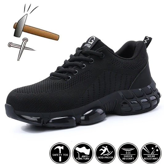 Black steel toe work shoes for men with air-cushioned soles, lightweight construction, and industrial safety features.