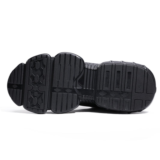 Black steel toe safety shoes for men, lightweight work sneakers with air cushioning and durable construction for industrial safety.