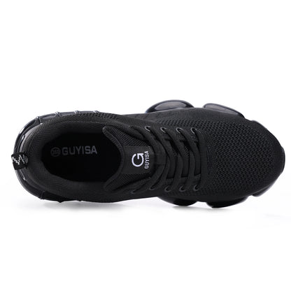 Black steel toe work shoes for men with air-cushioned insoles, lightweight, durable industrial safety sneakers by BackupMyFilesNow.com