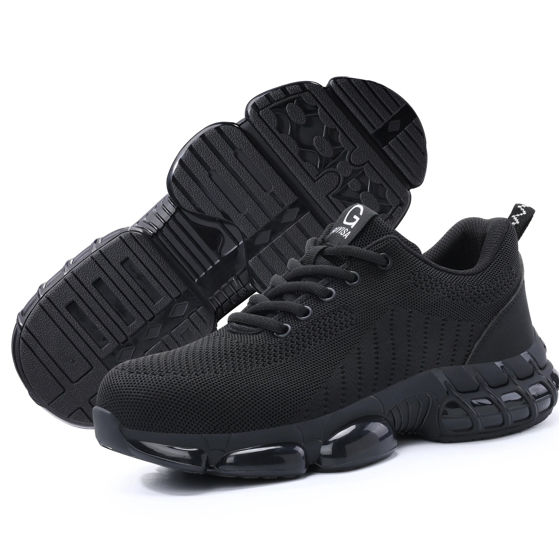 Black steel toe men's work shoes with air cushioning, lightweight construction, durable industrial safety sneakers for industrial work.