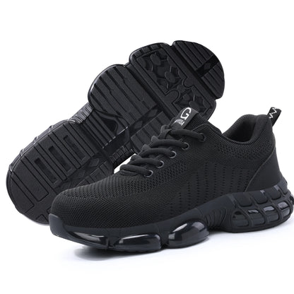 Black steel toe men's work shoes with air cushioning, lightweight construction, durable industrial safety sneakers for industrial work.