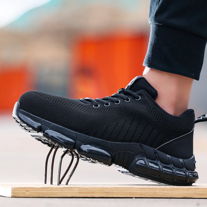 Black steel toe work shoes for men with air-cushioned soles, lightweight construction, and durable industrial safety design.