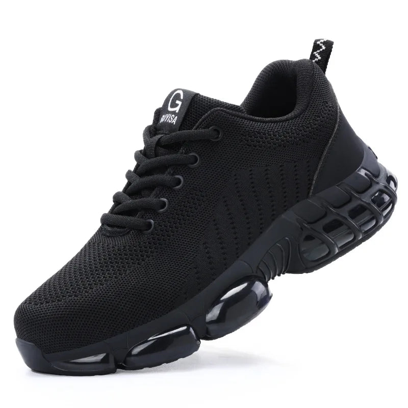 Black steel toe work shoes for men with air-cushioned soles, lightweight, durable industrial safety sneakers for construction work.