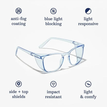 BackupMyFilesNow® safety glasses with anti-fog goggles, side shields, and blue light protection for men and women.