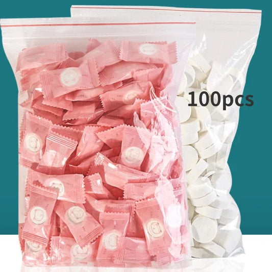 Mini compressed towel capsules by BACKUPMYFILESNOW.COM®, disposable face care wipes ideal for travel and outdoor use.