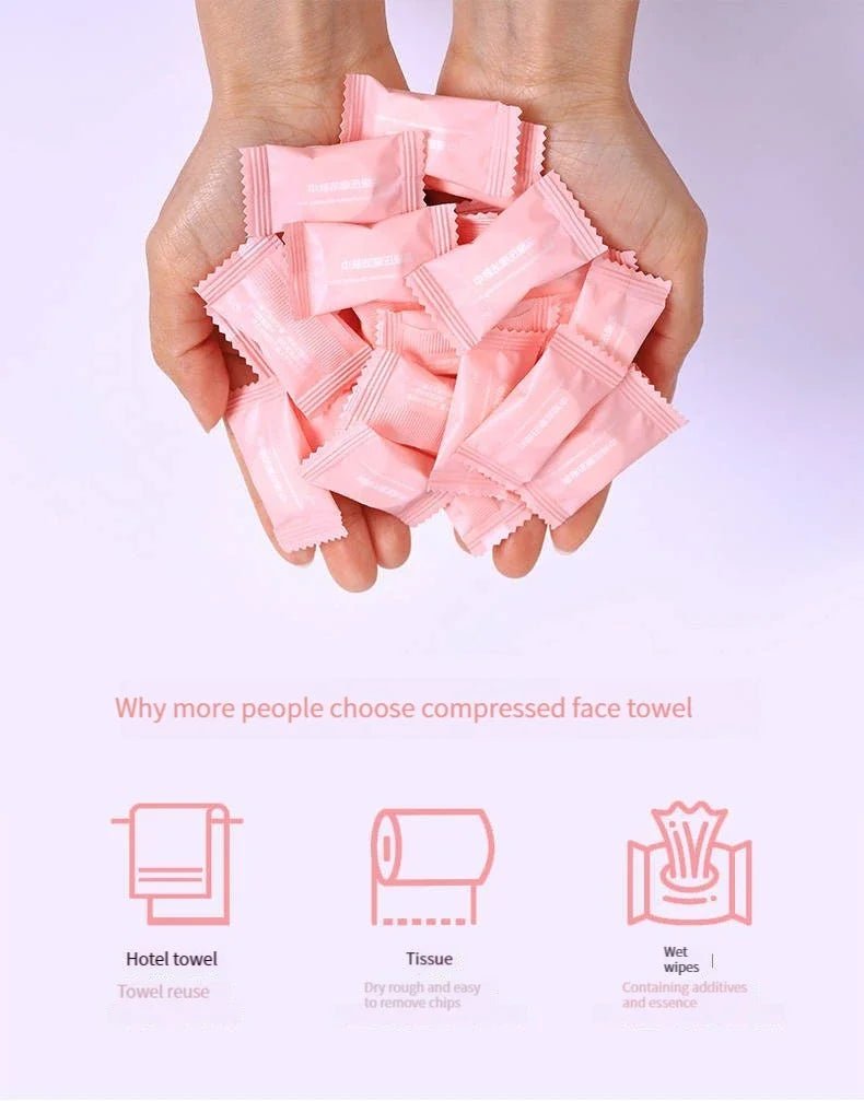 Mini compressed towel capsules by BACKUPMYFILESNOW.COM® in various quantities, showing compact outdoor travel cloths and paper wipes.