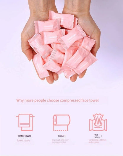 Mini compressed towel capsules by BACKUPMYFILESNOW.COM® in various quantities, showing compact outdoor travel cloths and paper wipes.