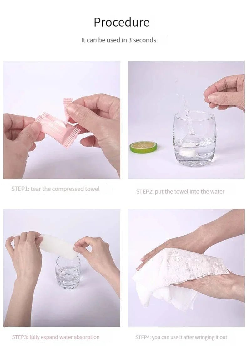 Mini compressed towel capsules by BACKUPMYFILESNOW.COM®, showing small, portable disposable cloth wipes for face and outdoor use.