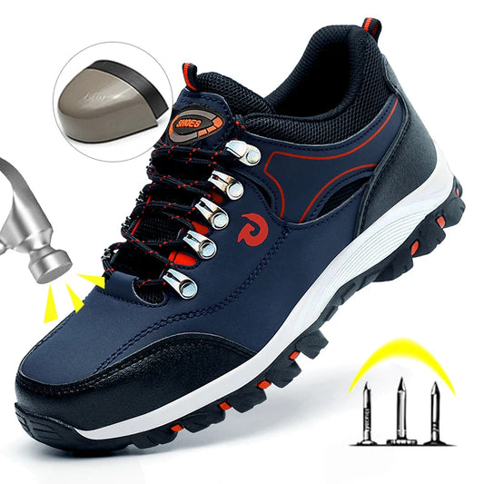 Blue steel toe cap work boots for men, puncture-proof safety shoes with protective features and sturdy sole for industrial safety.