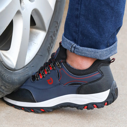 Steel toe cap work boots for men, blue safety shoes with puncture-proof soles and protective features, ideal for secure work footwear.