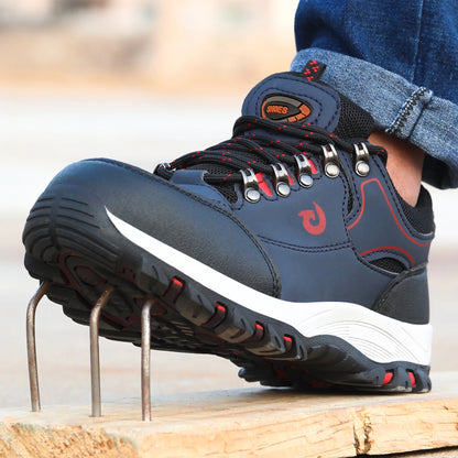 Blue steel toe cap work boots for men, puncture-proof safety shoes with protective features and sturdy male work footwear.