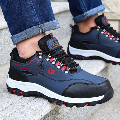 Steel toe cap work boots for men, blue safety shoes with puncture-proof soles and protective features for secure, durable footwear.