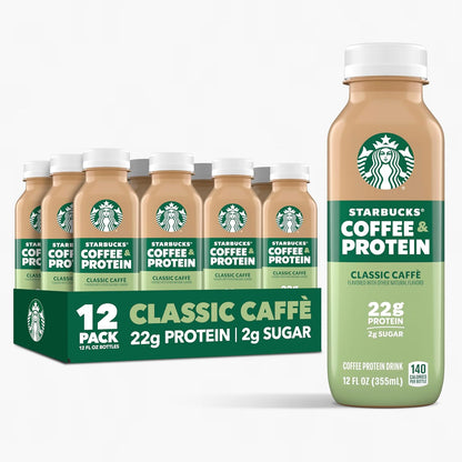 Starbucks Coffee & Protein Classic Caffe bottles, 12 fl oz each, 12-pack, high protein iced coffee with 22g protein and no added sugar