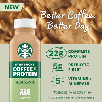 BackUpMyFilesNow® Starbucks Coffee & Protein Classic Caffe Iced Coffee 12 fl oz bottles, 12-pack with 22g protein and 2g sugar