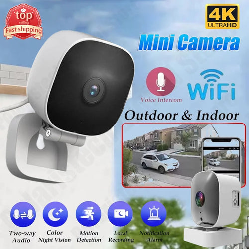 4K Mini WiFi security camera with remote monitoring, 2-way audio, motion detection, and cloud storage for surveillance.