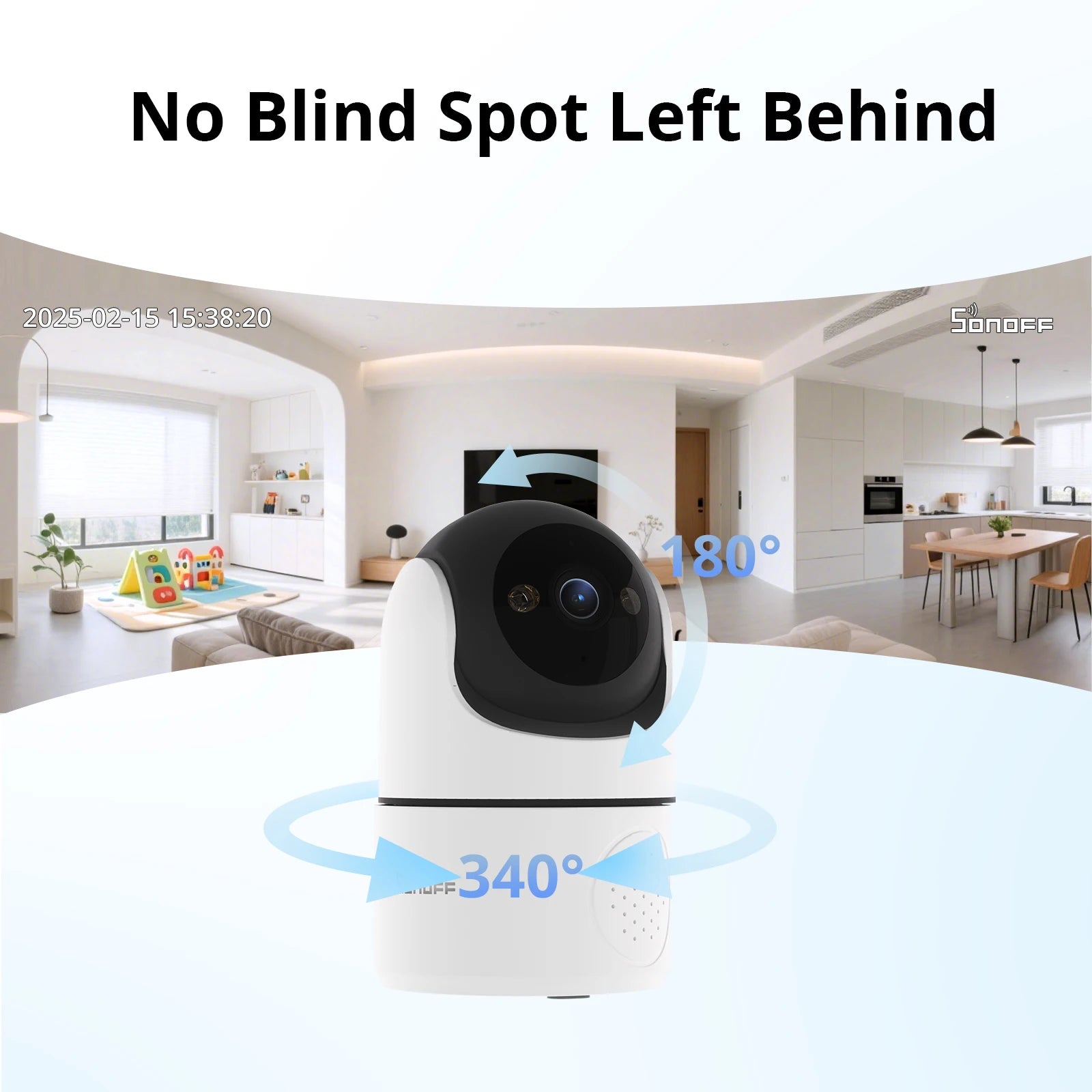 SONOFF CAM PT2 smart home security camera with 360° panoramic view, night vision, HD remote monitoring, and real-time interaction.