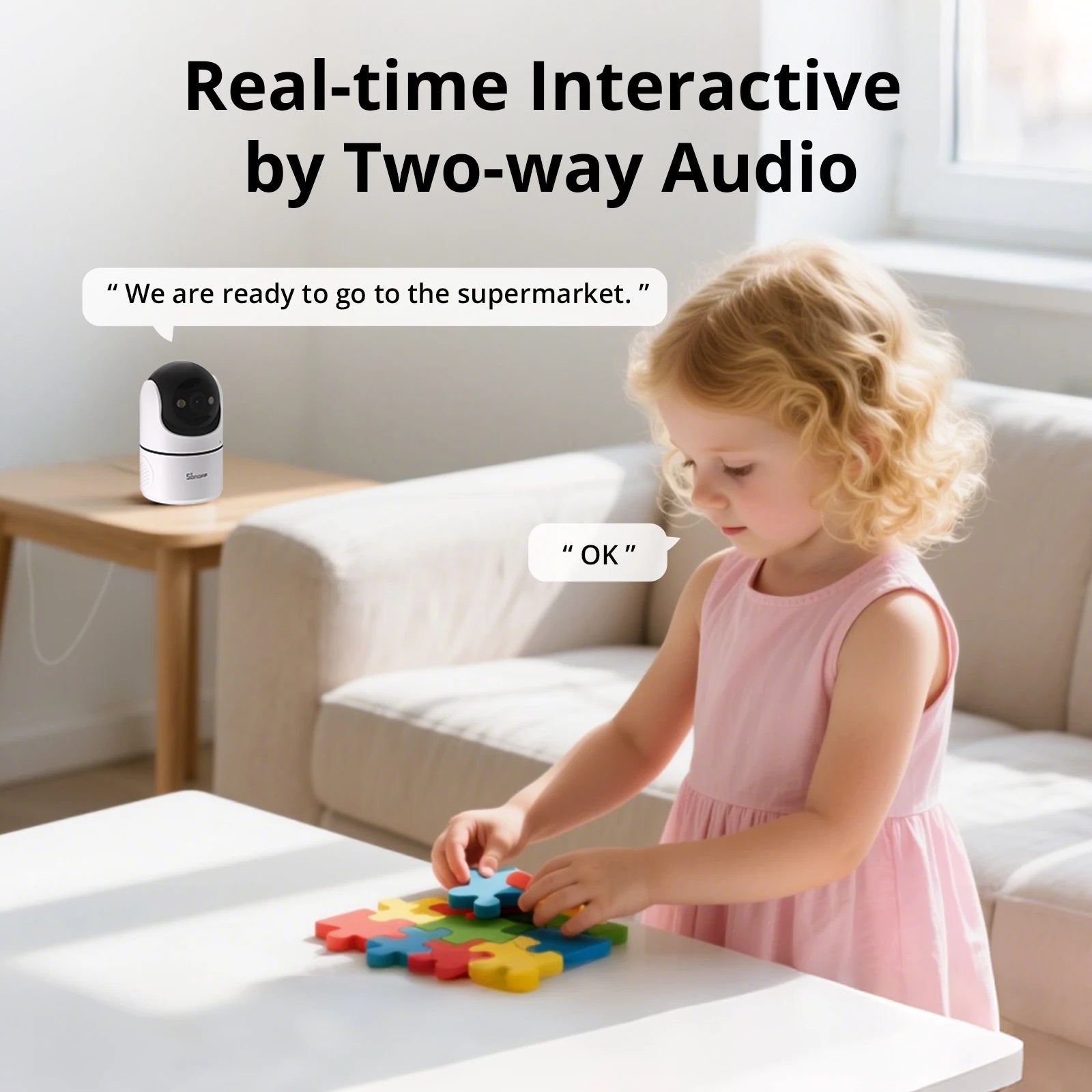 SONOFF CAM PT2 smart home security camera with 360° panoramic view, night vision, HD remote monitoring, and real-time interaction.