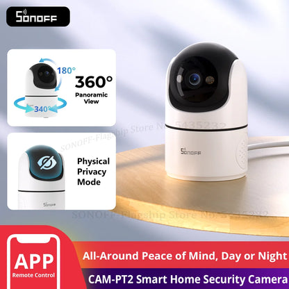 SONOFF CAM PT2 smart home security camera with 360° panoramic view, night vision, HD remote monitoring, and real-time interaction.