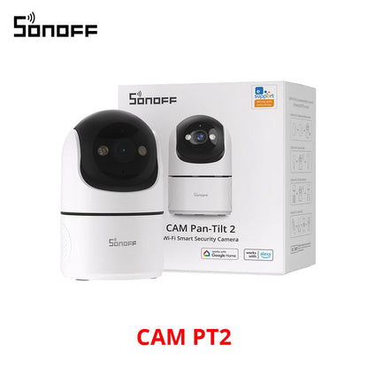 Sonoff CAM PT2 smart home security camera with 360° panoramic view, night vision, HD remote monitoring, and real-time interaction.