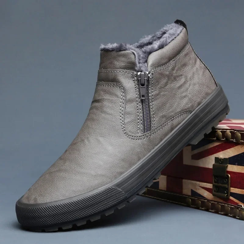 Men's leather winter boots with plush lining, high-top design, casual style, and platform soles.